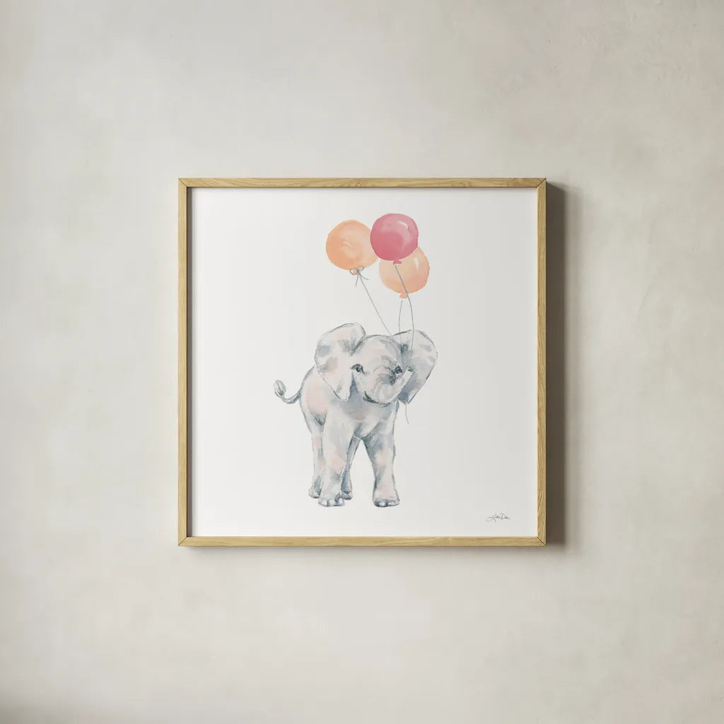 Elephant Celebration by Katrina Pete. Shown in a natural wood glass frame for a timeless modern aesthetic. Available as an archival giclee rolled canvas, fine art paper, or poster print. SKU 77833a.