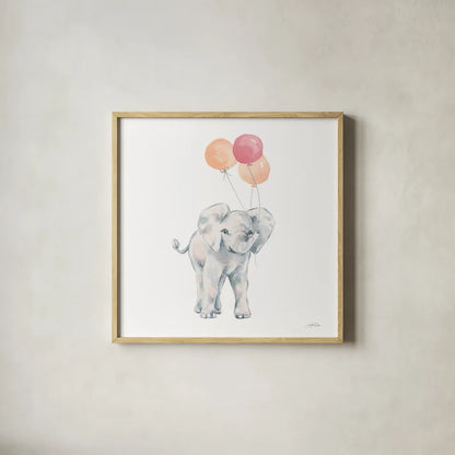 Elephant Celebration by Katrina Pete. Shown in a natural wood glass frame for a timeless modern aesthetic. Available as an archival giclee rolled canvas, fine art paper, or poster print. SKU 77833a.
