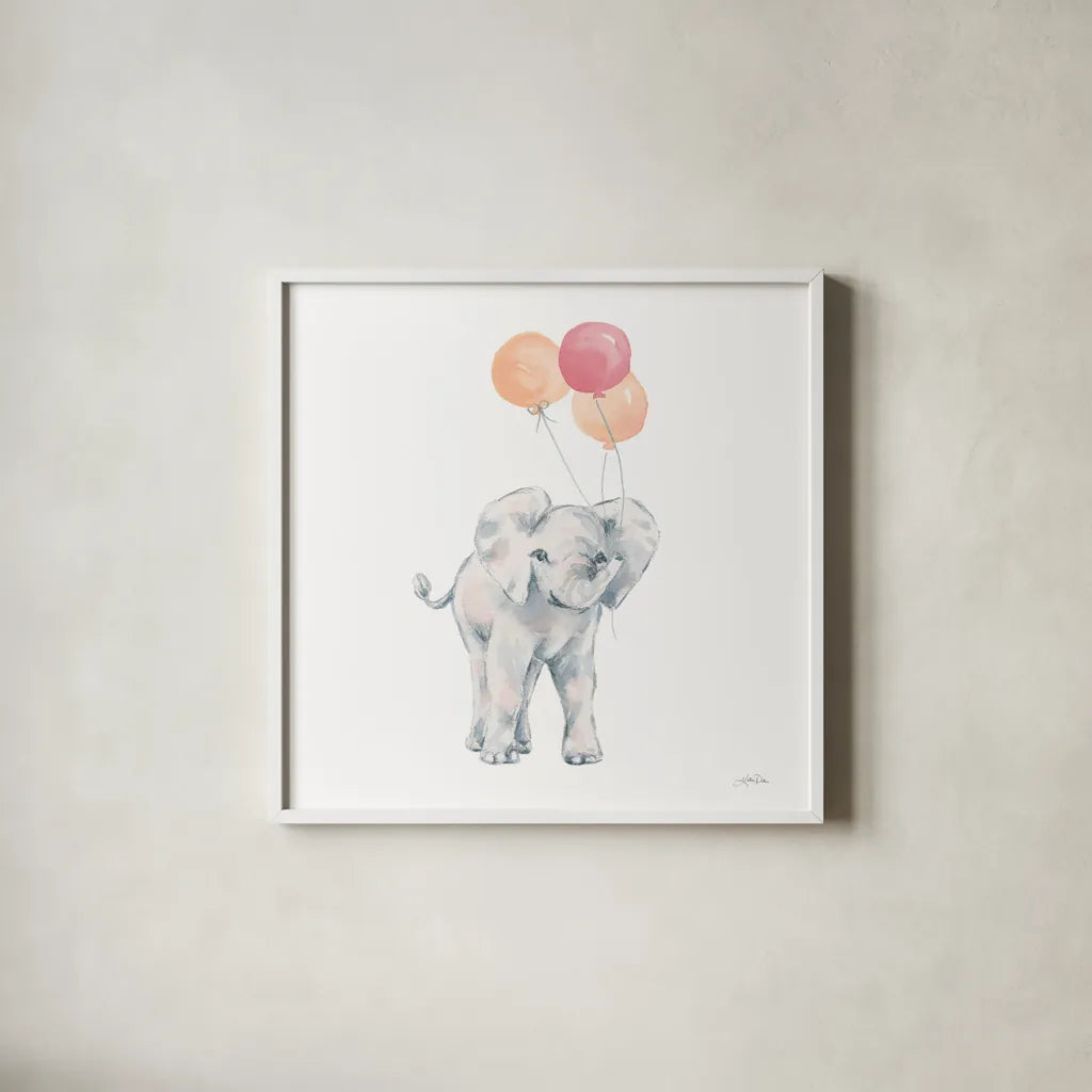 Elephant Celebration by Katrina Pete. Shown in a crisp white glass frame for a clean and minimalist style. Available as an archival giclee rolled canvas, fine art paper, or poster print. SKU 77833a.