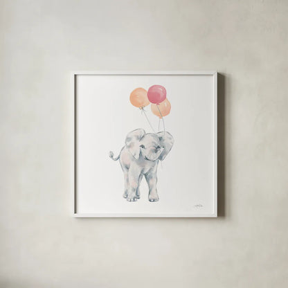 Elephant Celebration by Katrina Pete. Shown in a crisp white glass frame for a clean and minimalist style. Available as an archival giclee rolled canvas, fine art paper, or poster print. SKU 77833a.