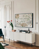Ethereal Forest I by Katrina Pete. shown as a framed stretched canvas in a living room above a console. Available as a archival giclee rolled canvas, fine art paper, or poster print. SKU 86891i.