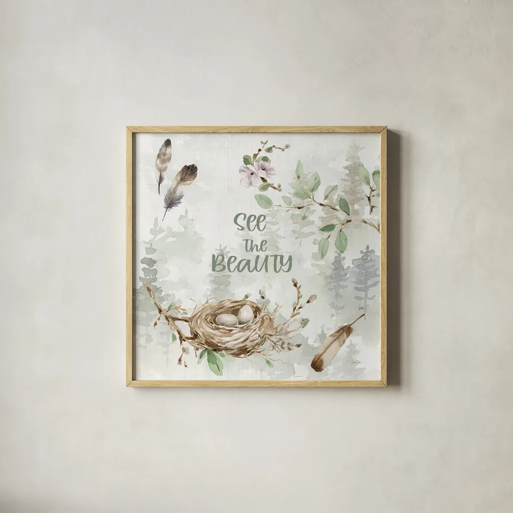 Ethereal Forest II by Katrina Pete. Shown in a natural wood glass frame for a timeless modern aesthetic. Available as an archival giclee rolled canvas, fine art paper, or poster print. SKU 86892a.