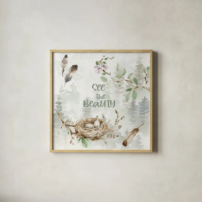 Ethereal Forest II by Katrina Pete. Shown in a natural wood glass frame for a timeless modern aesthetic. Available as an archival giclee rolled canvas, fine art paper, or poster print. SKU 86892a.