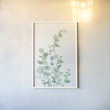 Eucalyptus I by Katrina Pete. shown as a paper print in a white frame. Available as a archival giclee rolled canvas, fine art paper, or poster print. SKU 70410h.