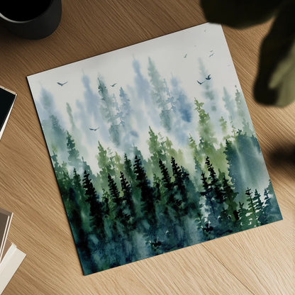 Evening Treeline Sq by Katrina Pete. Shown as a detailed flat fine art print, highlighting archival giclee quality. Available as an archival giclee rolled canvas, fine art paper, or poster print. SKU 69233a.