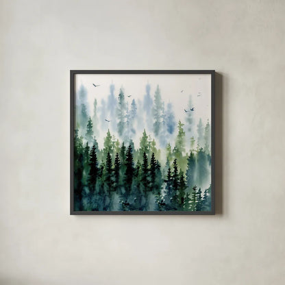 Evening Treeline Sq by Katrina Pete. Shown in a sleek black glass frame for a contemporary gallery look. Available as an archival giclee rolled canvas, fine art paper, or poster print. SKU 69233a.