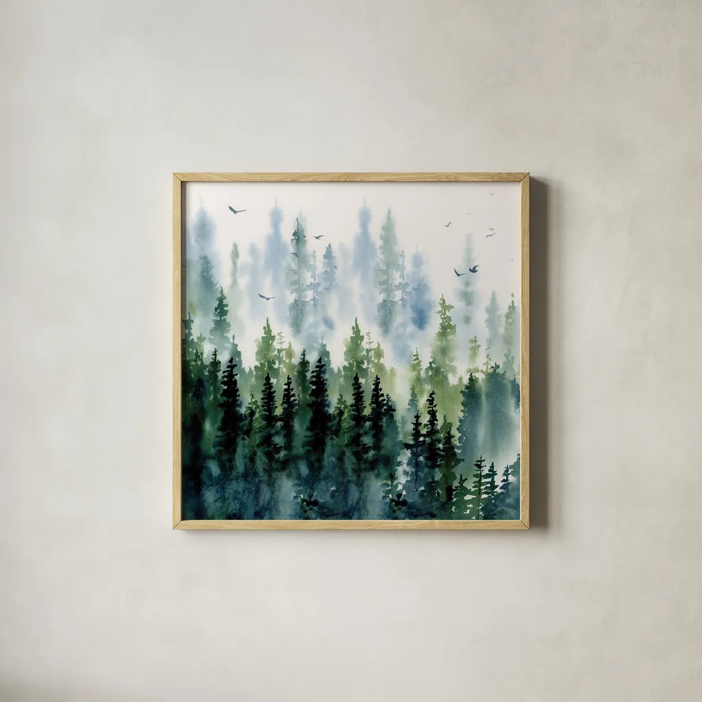 Evening Treeline Sq by Katrina Pete. Shown in a natural wood glass frame for a timeless modern aesthetic. Available as an archival giclee rolled canvas, fine art paper, or poster print. SKU 69233a.