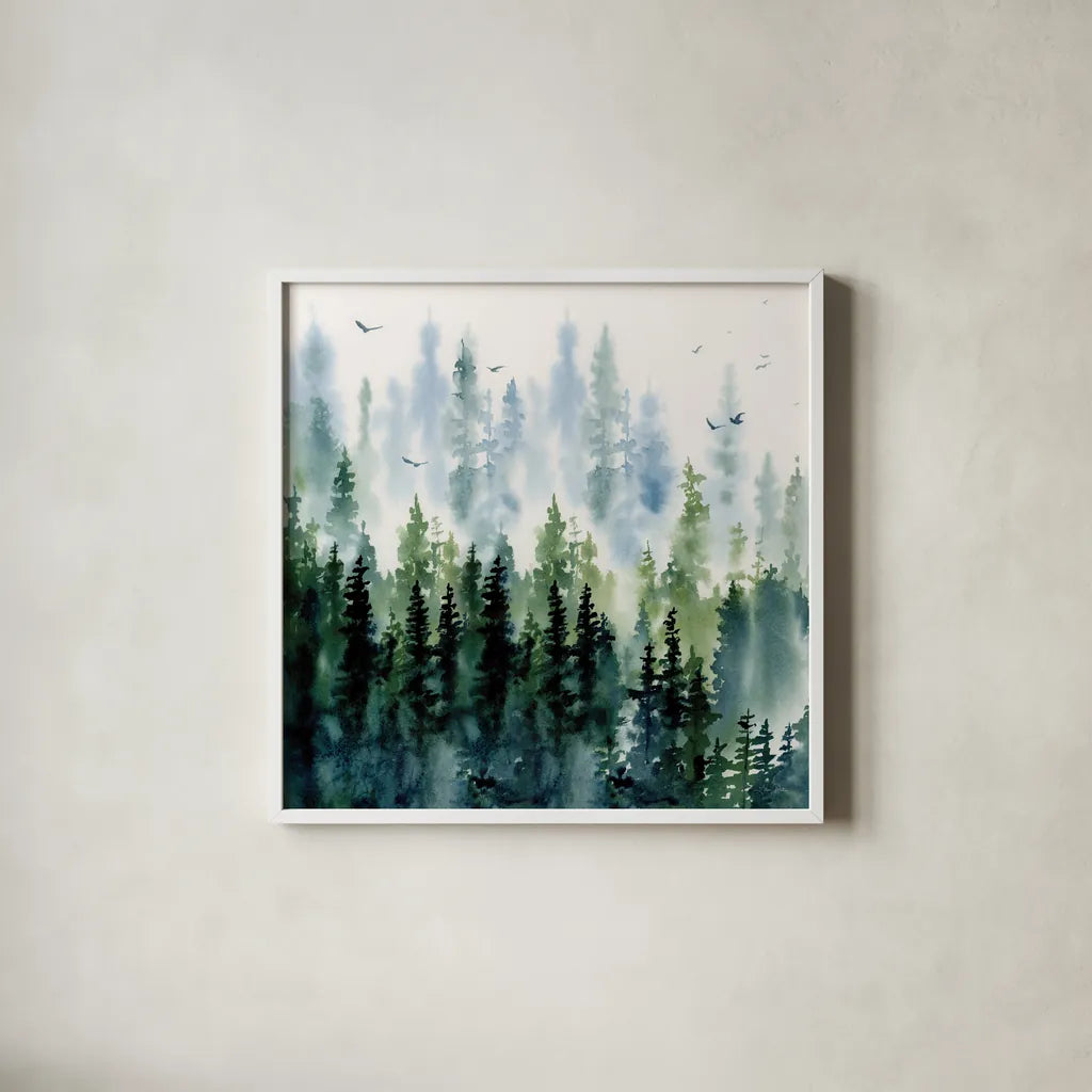 Evening Treeline Sq by Katrina Pete. Shown in a crisp white glass frame for a clean and minimalist style. Available as an archival giclee rolled canvas, fine art paper, or poster print. SKU 69233a.