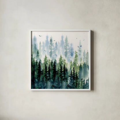 Evening Treeline Sq by Katrina Pete. Shown in a crisp white glass frame for a clean and minimalist style. Available as an archival giclee rolled canvas, fine art paper, or poster print. SKU 69233a.
