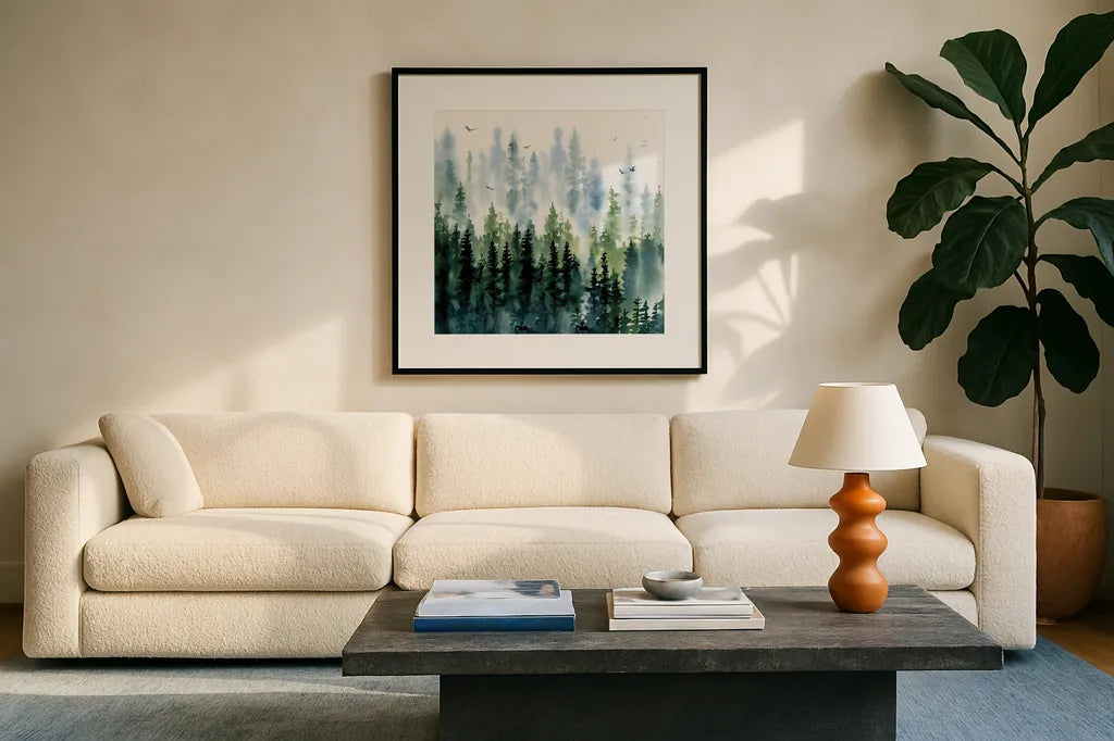 Evening Treeline Sq by Katrina Pete. Displayed in a glass frame with matte in a clean modern living room. Available as an archival giclee rolled canvas, fine art paper, or poster print. SKU 69233a.