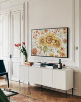Fall Cottage Garden I by Katrina Pete. shown as a framed stretched canvas in a living room above a console. Available as a archival giclee rolled canvas, fine art paper, or poster print. SKU 100349i.