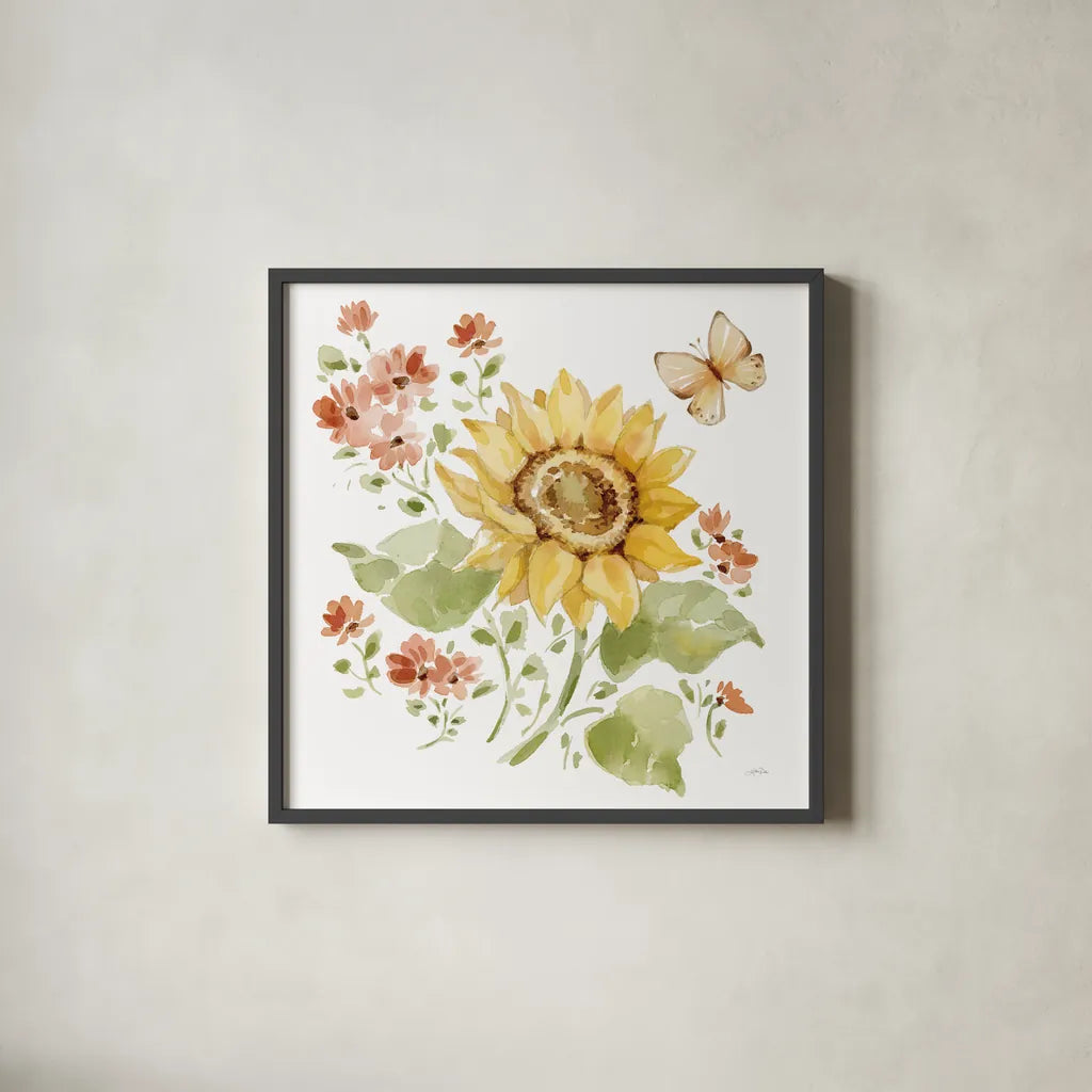 Fall Cottage Garden II by Katrina Pete. Shown in a sleek black glass frame for a contemporary gallery look. Available as an archival giclee rolled canvas, fine art paper, or poster print. SKU 100350a.