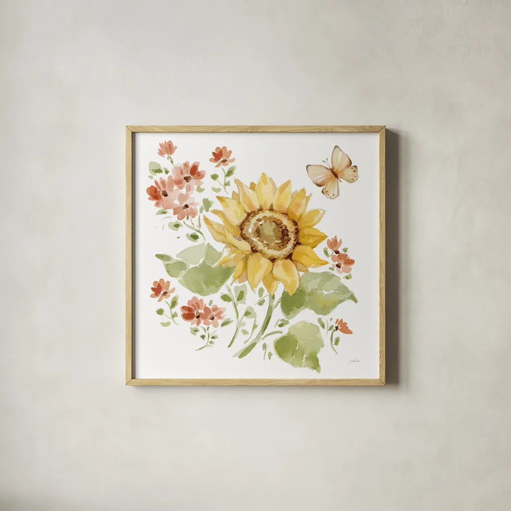 Fall Cottage Garden II by Katrina Pete. Shown in a natural wood glass frame for a timeless modern aesthetic. Available as an archival giclee rolled canvas, fine art paper, or poster print. SKU 100350a.
