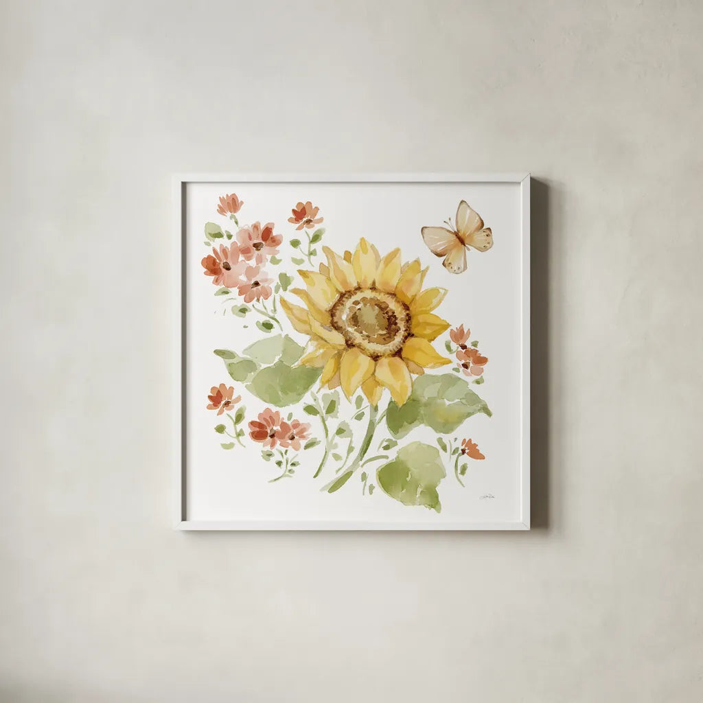 Fall Cottage Garden II by Katrina Pete. Shown in a crisp white glass frame for a clean and minimalist style. Available as an archival giclee rolled canvas, fine art paper, or poster print. SKU 100350a.