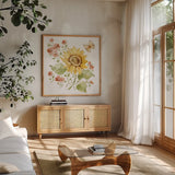 Fall Cottage Garden II by Katrina Pete. Shown in a natural wood frame in a cozy modern living room. Available as an archival giclee rolled canvas, fine art paper, or poster print. SKU 100350a.