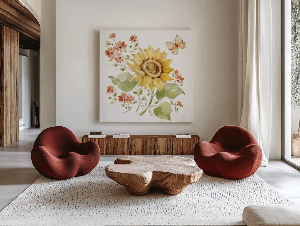 Fall Cottage Garden II by Katrina Pete. Shown as extra-large giant wall art in a modern living room. Available as an archival giclee rolled canvas, fine art paper, or poster print. SKU 100350a.