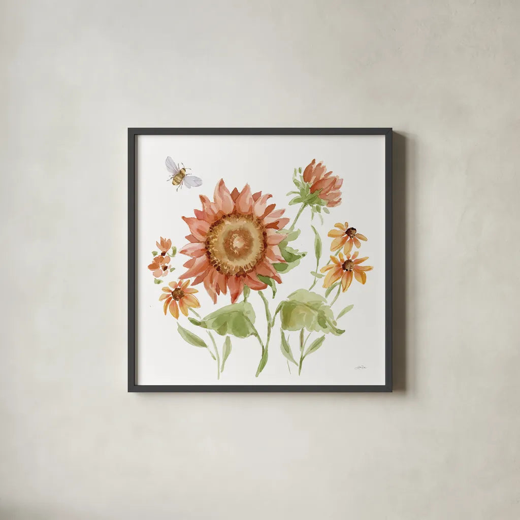 Fall Cottage Garden III by Katrina Pete. Shown in a sleek black glass frame for a contemporary gallery look. Available as an archival giclee rolled canvas, fine art paper, or poster print. SKU 100351a.