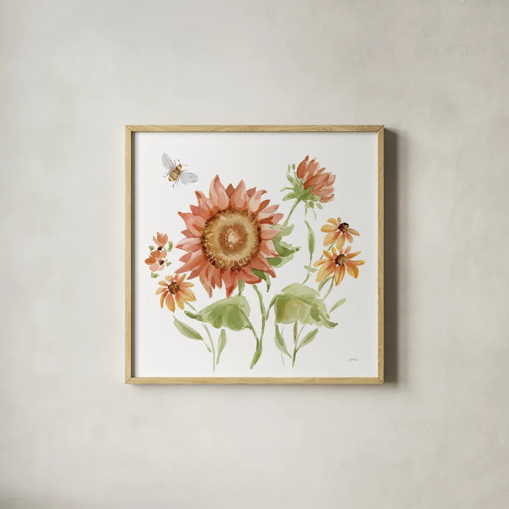 Fall Cottage Garden III by Katrina Pete. Shown in a natural wood glass frame for a timeless modern aesthetic. Available as an archival giclee rolled canvas, fine art paper, or poster print. SKU 100351a.