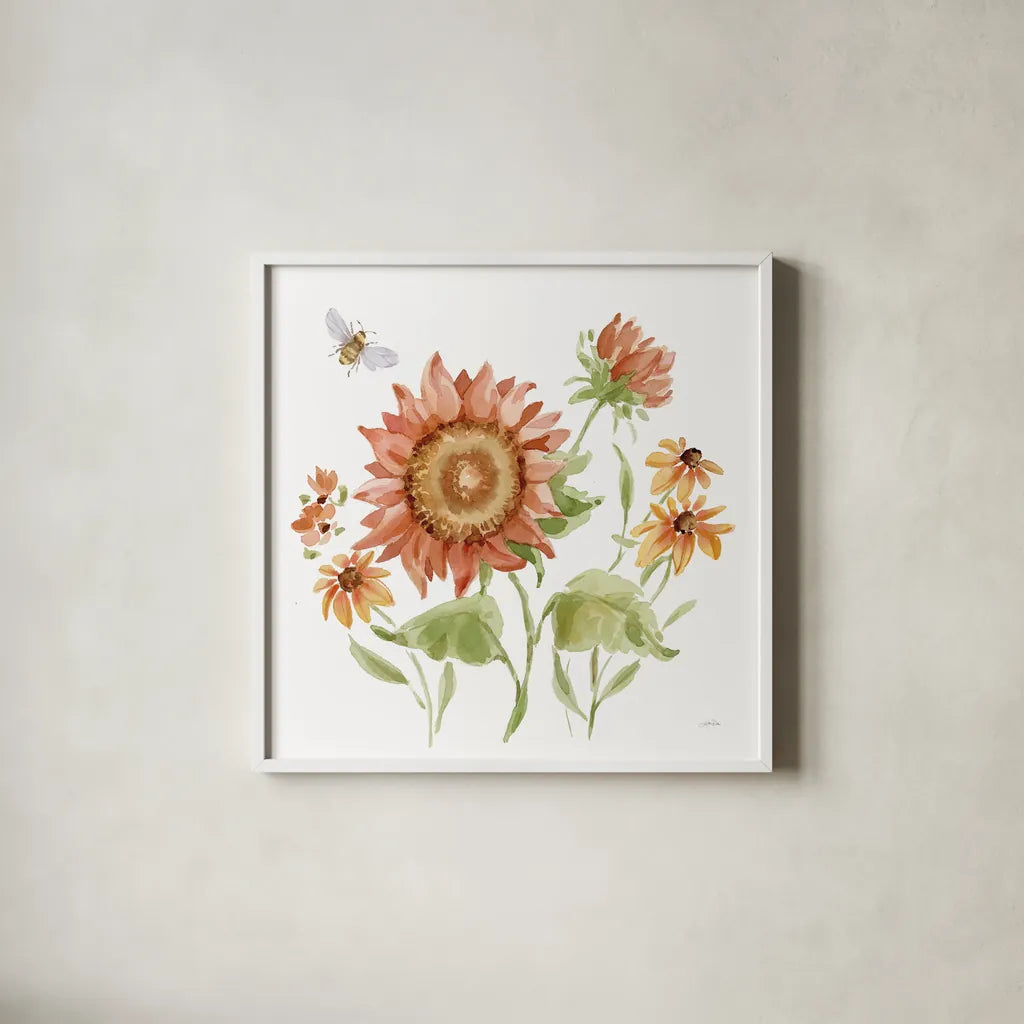 Fall Cottage Garden III by Katrina Pete. Shown in a crisp white glass frame for a clean and minimalist style. Available as an archival giclee rolled canvas, fine art paper, or poster print. SKU 100351a.