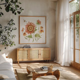 Fall Cottage Garden III by Katrina Pete. Shown in a natural wood frame in a cozy modern living room. Available as an archival giclee rolled canvas, fine art paper, or poster print. SKU 100351a.