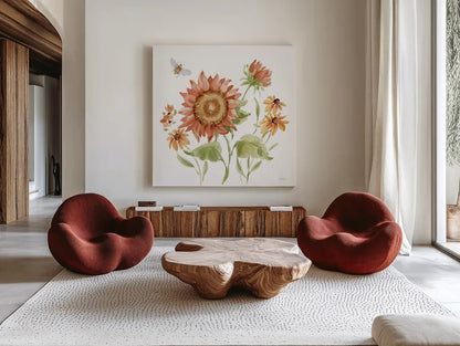 Fall Cottage Garden III by Katrina Pete. Shown as extra-large giant wall art in a modern living room. Available as an archival giclee rolled canvas, fine art paper, or poster print. SKU 100351a.