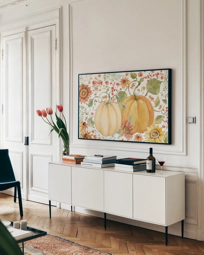 Fall Cottage Garden IV by Katrina Pete. shown as a framed stretched canvas in a living room above a console. Available as a archival giclee rolled canvas, fine art paper, or poster print. SKU 100352i.