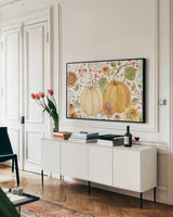 Fall Cottage Garden IV by Katrina Pete. shown as a framed stretched canvas in a living room above a console. Available as a archival giclee rolled canvas, fine art paper, or poster print. SKU 100352i.