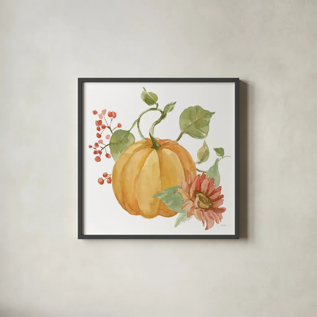 Fall Cottage Garden V by Katrina Pete. Shown in a sleek black glass frame for a contemporary gallery look. Available as an archival giclee rolled canvas, fine art paper, or poster print. SKU 100353a.