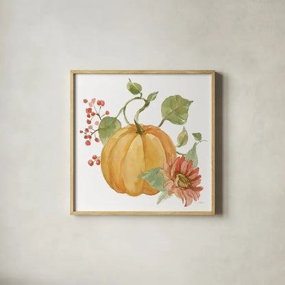 Fall Cottage Garden V by Katrina Pete. Shown in a natural wood glass frame for a timeless modern aesthetic. Available as an archival giclee rolled canvas, fine art paper, or poster print. SKU 100353a.