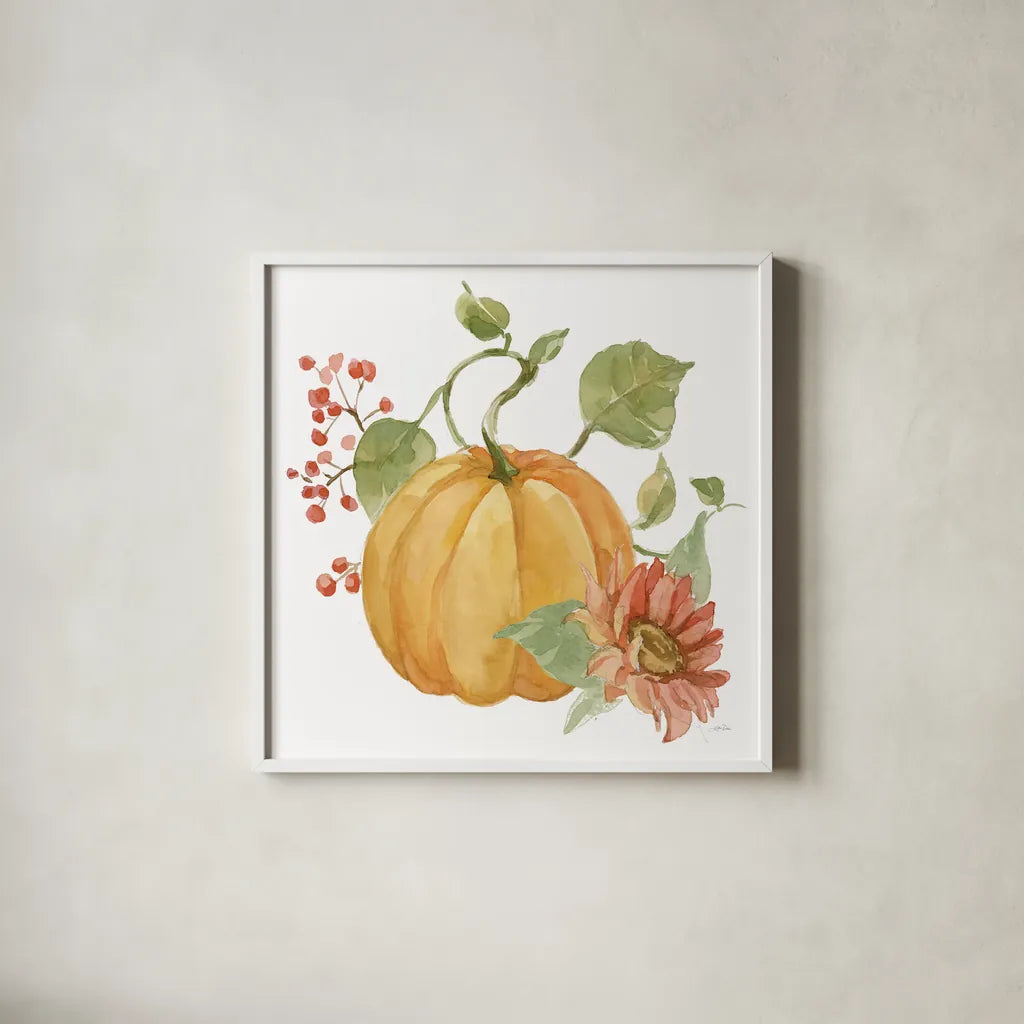 Fall Cottage Garden V by Katrina Pete. Shown in a crisp white glass frame for a clean and minimalist style. Available as an archival giclee rolled canvas, fine art paper, or poster print. SKU 100353a.
