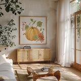 Fall Cottage Garden V by Katrina Pete. Shown in a natural wood frame in a cozy modern living room. Available as an archival giclee rolled canvas, fine art paper, or poster print. SKU 100353a.