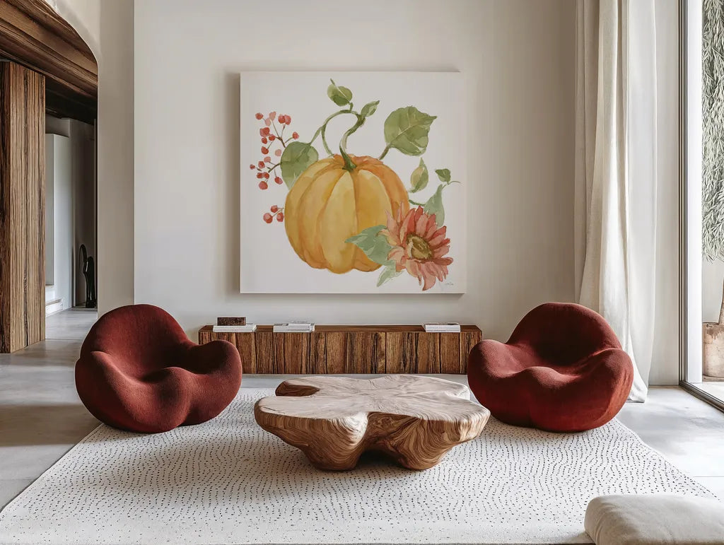 Fall Cottage Garden V by Katrina Pete. Shown as extra-large giant wall art in a modern living room. Available as an archival giclee rolled canvas, fine art paper, or poster print. SKU 100353a.