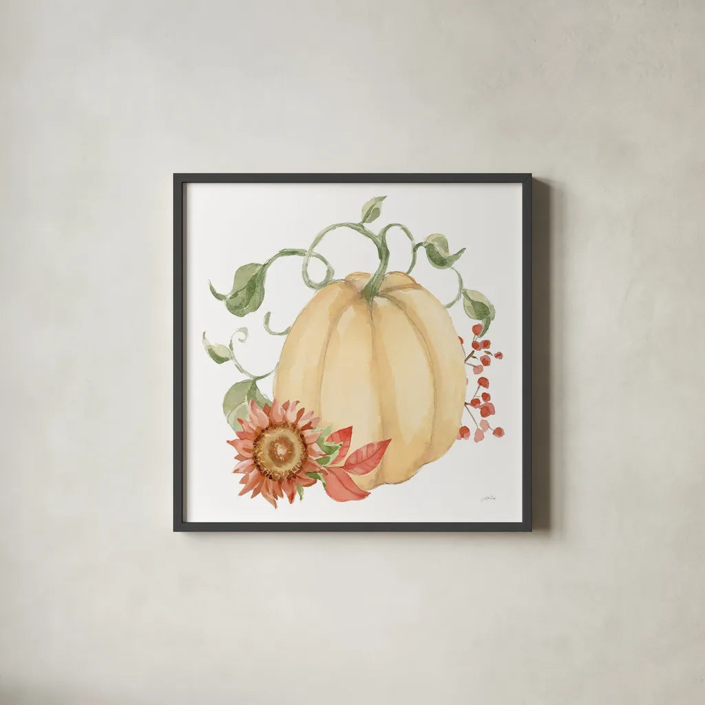 Fall Cottage Garden VI by Katrina Pete. Shown in a sleek black glass frame for a contemporary gallery look. Available as an archival giclee rolled canvas, fine art paper, or poster print. SKU 100354a.