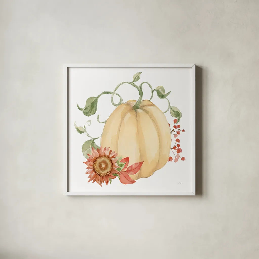 Fall Cottage Garden VI by Katrina Pete. Shown in a crisp white glass frame for a clean and minimalist style. Available as an archival giclee rolled canvas, fine art paper, or poster print. SKU 100354a.