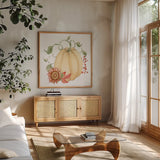 Fall Cottage Garden VI by Katrina Pete. Shown in a natural wood frame in a cozy modern living room. Available as an archival giclee rolled canvas, fine art paper, or poster print. SKU 100354a.