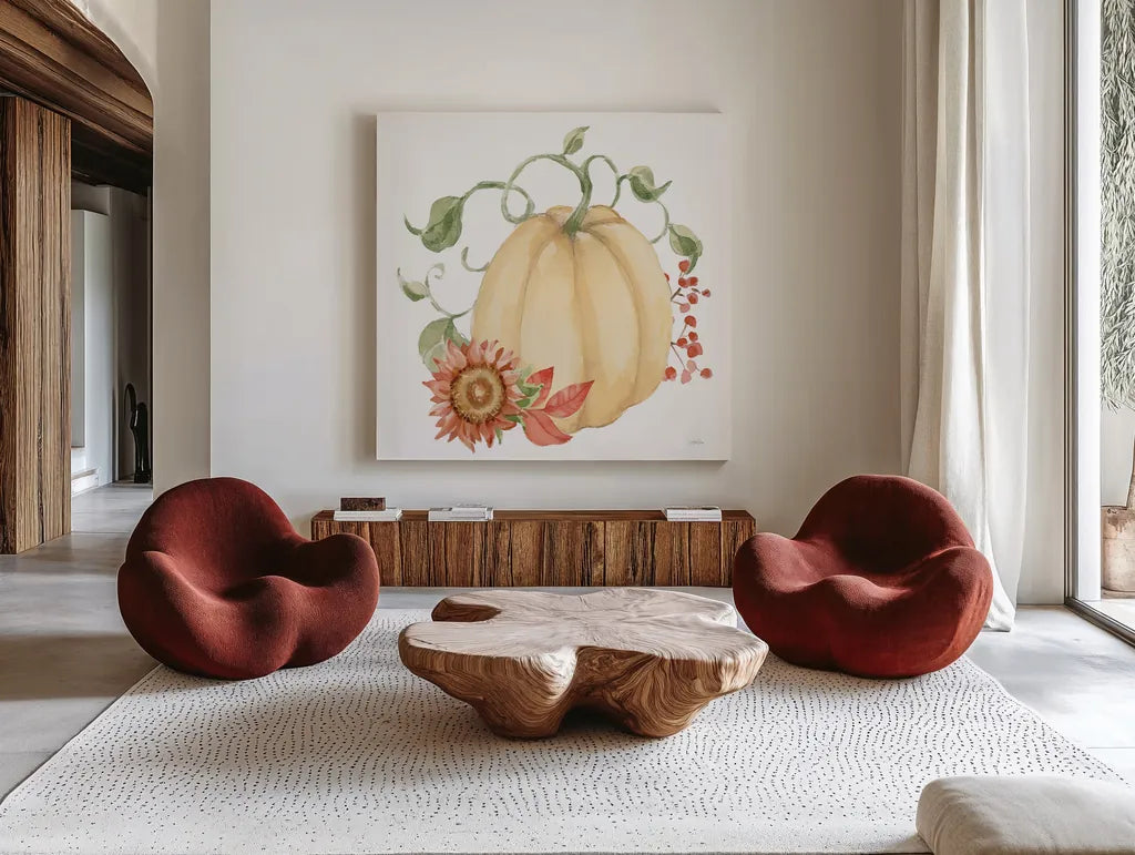 Fall Cottage Garden VI by Katrina Pete. Shown as extra-large giant wall art in a modern living room. Available as an archival giclee rolled canvas, fine art paper, or poster print. SKU 100354a.