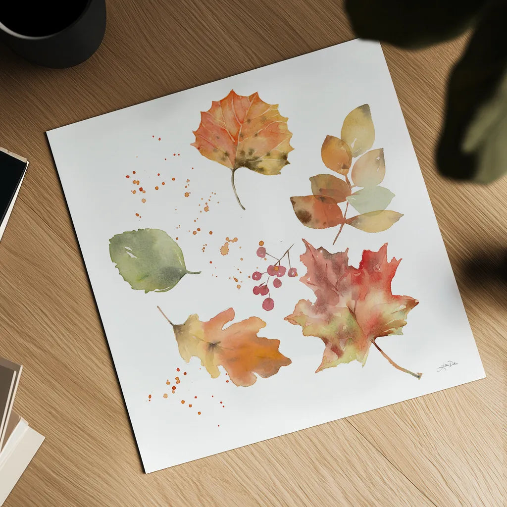 Falling Leaves I by Katrina Pete. Shown as a detailed flat fine art print, highlighting archival giclee quality. Available as an archival giclee rolled canvas, fine art paper, or poster print. SKU 68408a.