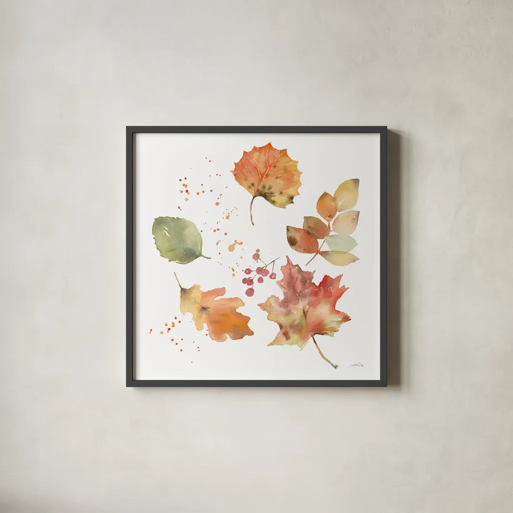 Falling Leaves I by Katrina Pete. Shown in a sleek black glass frame for a contemporary gallery look. Available as an archival giclee rolled canvas, fine art paper, or poster print. SKU 68408a.