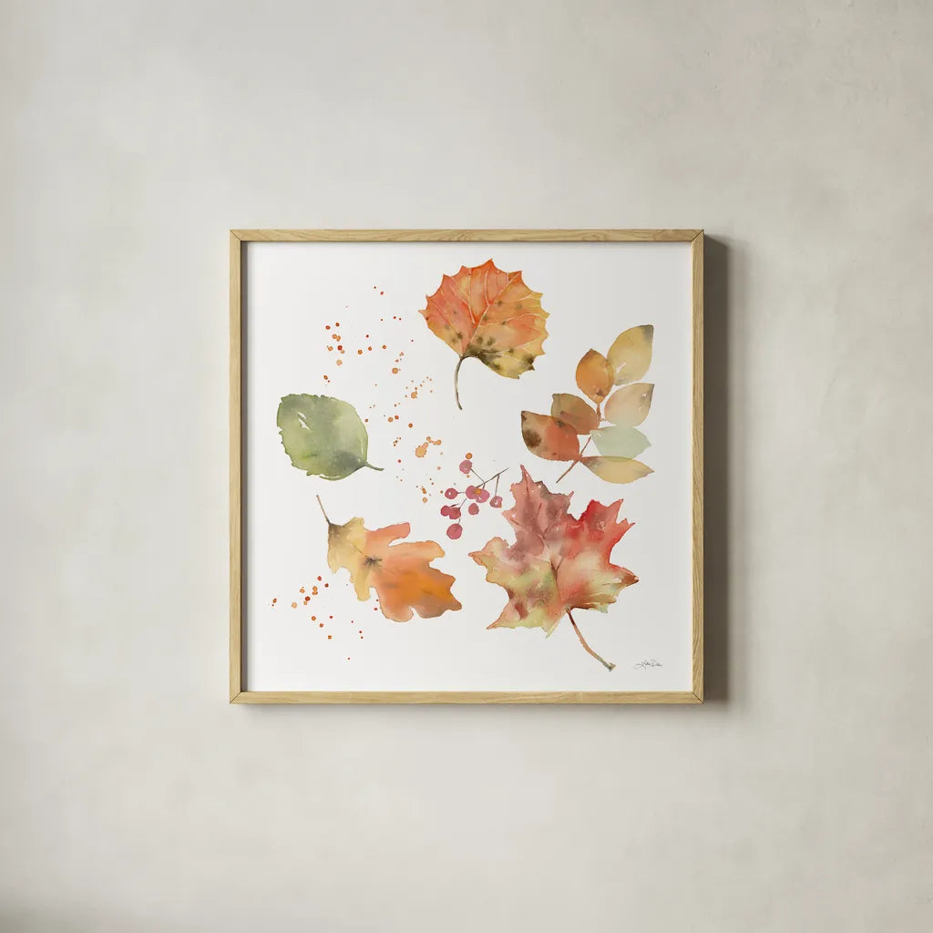 Falling Leaves I by Katrina Pete. Shown in a natural wood glass frame for a timeless modern aesthetic. Available as an archival giclee rolled canvas, fine art paper, or poster print. SKU 68408a.