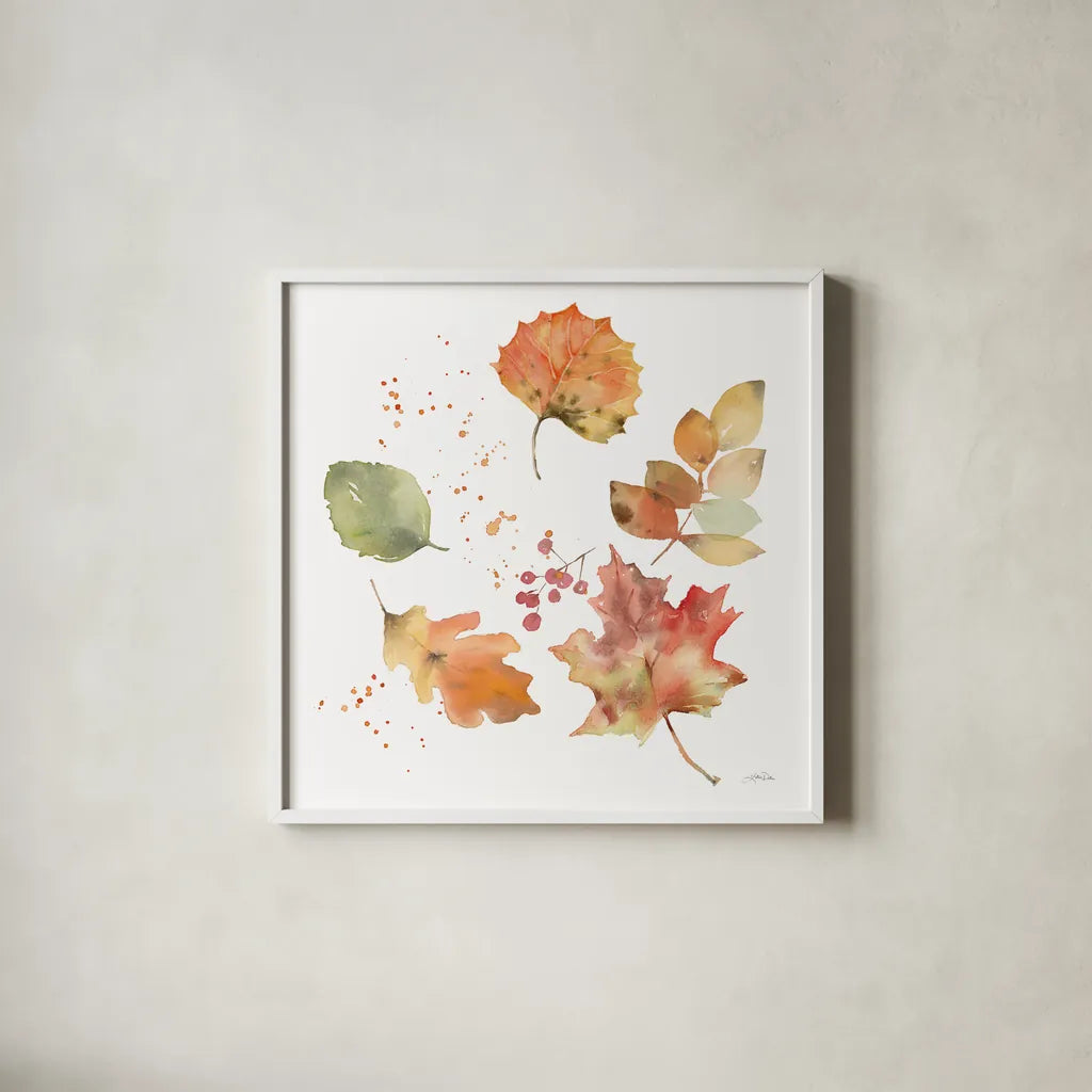 Falling Leaves I by Katrina Pete. Shown in a crisp white glass frame for a clean and minimalist style. Available as an archival giclee rolled canvas, fine art paper, or poster print. SKU 68408a.