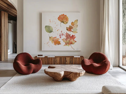Falling Leaves I by Katrina Pete. Shown as extra-large giant wall art in a modern living room. Available as an archival giclee rolled canvas, fine art paper, or poster print. SKU 68408a.