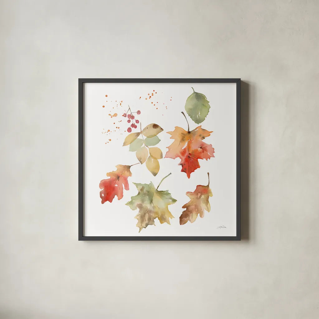 Falling Leaves II by Katrina Pete. Shown in a sleek black glass frame for a contemporary gallery look. Available as an archival giclee rolled canvas, fine art paper, or poster print. SKU 68409a.