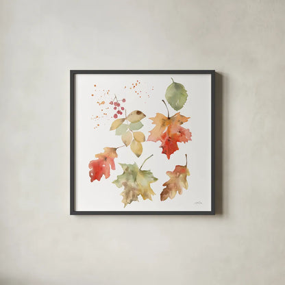 Falling Leaves II by Katrina Pete. Shown in a sleek black glass frame for a contemporary gallery look. Available as an archival giclee rolled canvas, fine art paper, or poster print. SKU 68409a.