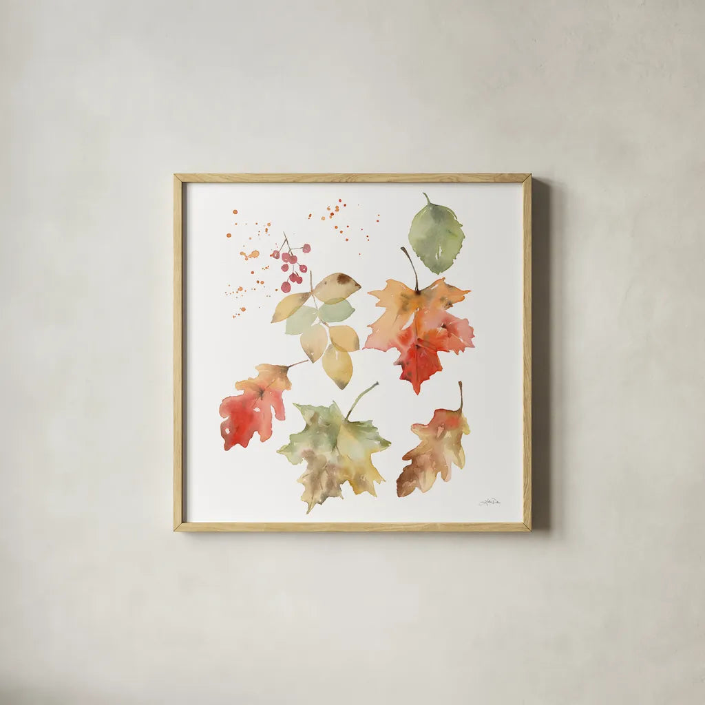 Falling Leaves II by Katrina Pete. Shown in a natural wood glass frame for a timeless modern aesthetic. Available as an archival giclee rolled canvas, fine art paper, or poster print. SKU 68409a.
