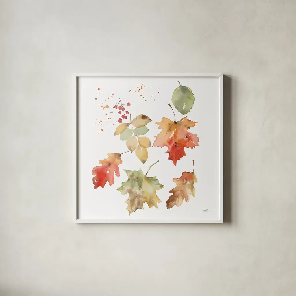 Falling Leaves II by Katrina Pete. Shown in a crisp white glass frame for a clean and minimalist style. Available as an archival giclee rolled canvas, fine art paper, or poster print. SKU 68409a.