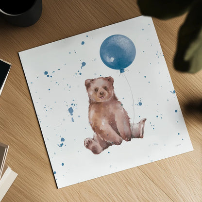 Festive Bear Blue Sq by Katrina Pete. Shown as a detailed flat fine art print, highlighting archival giclee quality. Available as an archival giclee rolled canvas, fine art paper, or poster print. SKU 68783a.