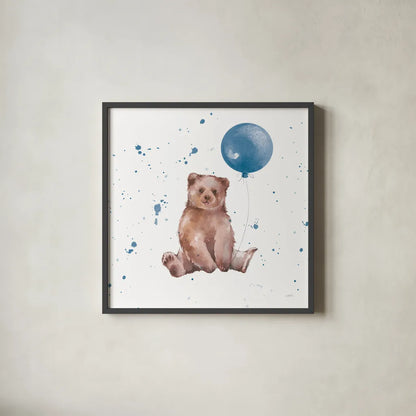 Festive Bear Blue Sq by Katrina Pete. Shown in a sleek black glass frame for a contemporary gallery look. Available as an archival giclee rolled canvas, fine art paper, or poster print. SKU 68783a.