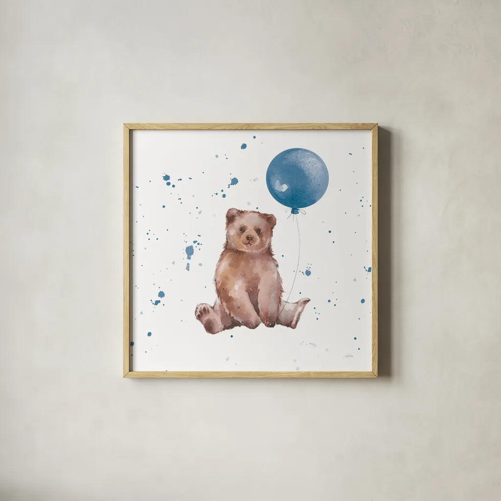 Festive Bear Blue Sq by Katrina Pete. Shown in a natural wood glass frame for a timeless modern aesthetic. Available as an archival giclee rolled canvas, fine art paper, or poster print. SKU 68783a.