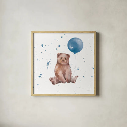 Festive Bear Blue Sq by Katrina Pete. Shown in a natural wood glass frame for a timeless modern aesthetic. Available as an archival giclee rolled canvas, fine art paper, or poster print. SKU 68783a.