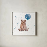 Festive Bear Blue Sq by Katrina Pete. Shown in a crisp white glass frame for a clean and minimalist style. Available as an archival giclee rolled canvas, fine art paper, or poster print. SKU 68783a.
